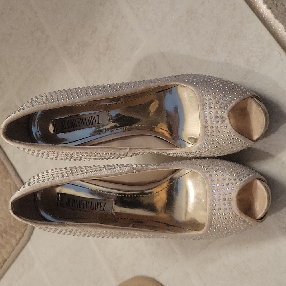 J lo gold silk with rhinestone heels - Picture 2 of 5